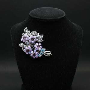 Avon Purple Floral Rhinestone Brooch Pin with Box